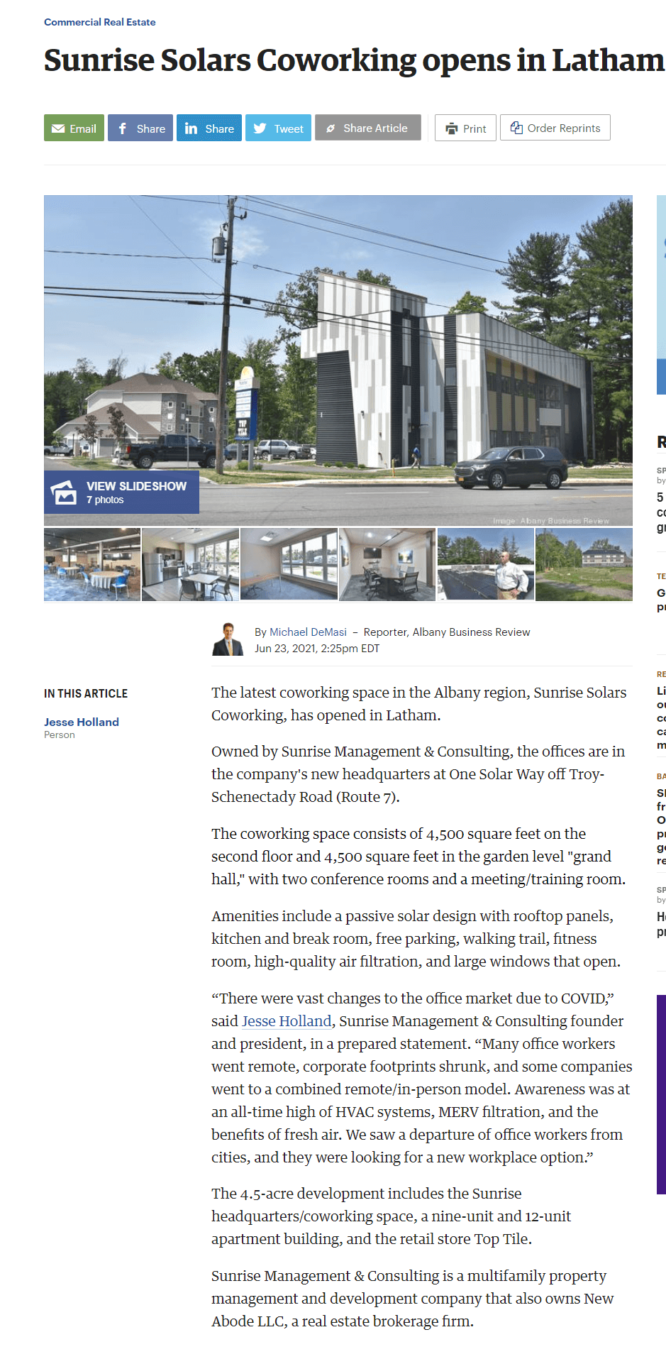 Albany Business Review photo feature on Sunrise Solars Coworking — read the article (opens in a new tab)