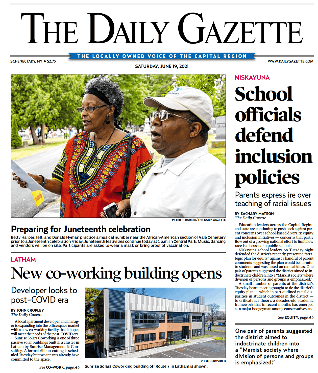 Sunrise Solars Coworking on the cover of The Daily Gazette — read the article (opens in a new tab)