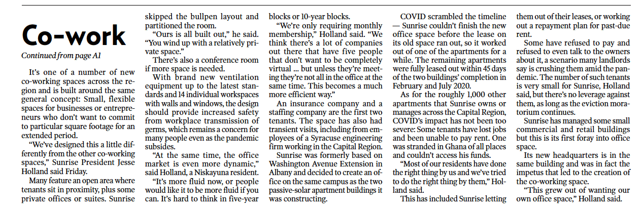 Sunrise Solars Coworking article continued in The Daily Gazette — read the article (opens in a new tab)