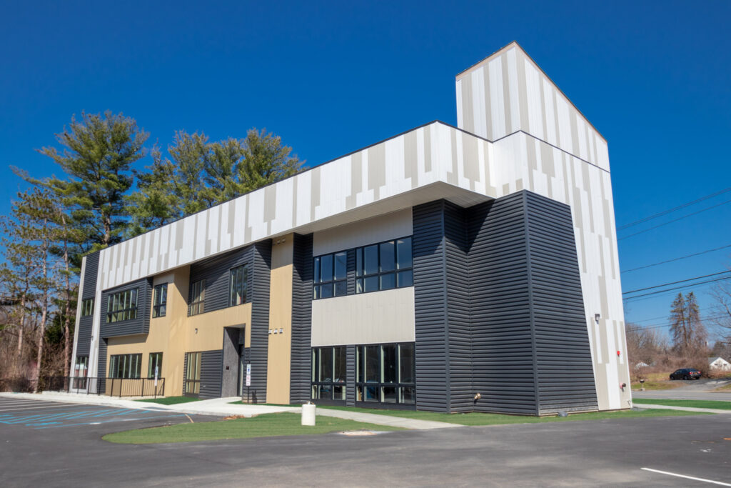 Exterior of the passive solar Sunrise Solars Coworking building in Latham, NY